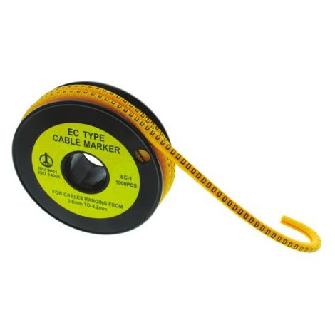 Repère câble , Ø câble 3.6 7.4mm, texte : V, Noir sur Jaune ( Prix pour Bobine de 500 )