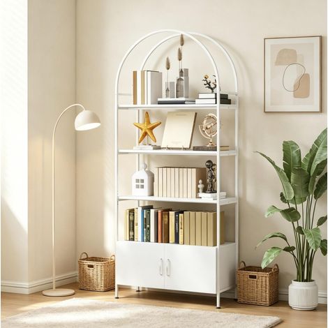 Libreria ad arco a 4 livelli con mobiletto a doppia anta, scaffale autoportante bianco in pannello truciolare e acciaio per soggiorno e ufficio - FLORAGRACE (1/5)