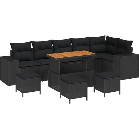 Garden Sofa Set with Cushion 10 pcs Black Poly Rattan vidaXL