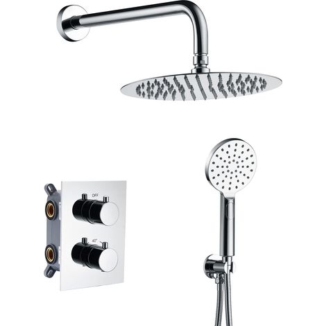 Colonne de Douche Encastré avec Mitigeur Thermostatique, Flexible, Tête, Douchette, Support, Chromé (1/5)