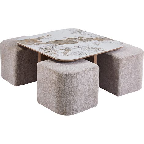 EVORA - Table basse en pierre frittée blanc avec 4 poufs pieds couleur bois (1/5)