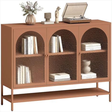 Buffet en acier rouge avec 3 portes vitrées cintrées et étagère ouverte, style industriel, 140 cm (1/5)