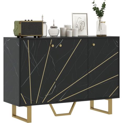 Buffet de salon avec 2 placards et étagère intérieure réglable, finition effet marbre, 107 x 35 x 75 cm, noir et or (1/5)