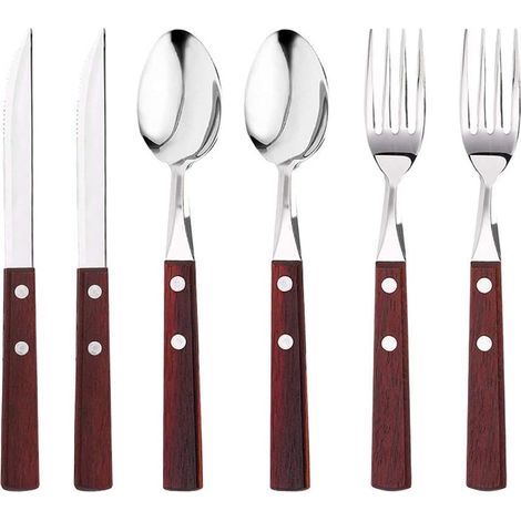 Couverts En Acier Inoxydable Avec Manche En Bois - Fourchette Cuillère Couteau - Pour Usage Quotidien - Lot De 6 Pièces
