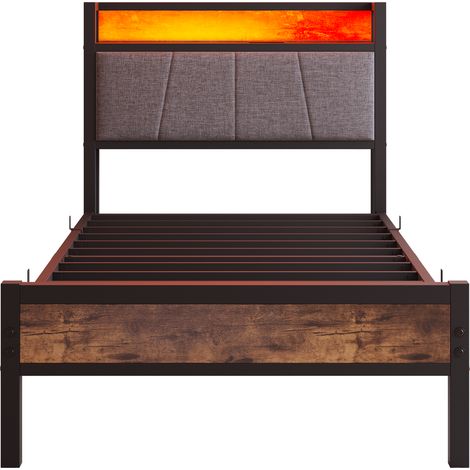 Cadre de lit 90x200 cm avec LED intégrées, tête de lit avec station de charge USB, plateforme métallique robuste, montage facile sans sommier, gris (1/5)
