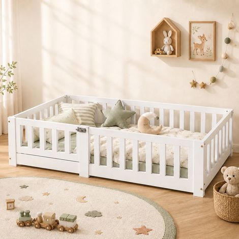 Lit Enfant 80x160 cm - Lit au Sol Enfant en Bois Massif de Pin avec Barrière de Sécurité et Sommier - Charge Jusqu’à 230 kg - Lits Montessori pour Garçons et Filles (1/5)