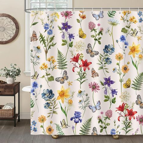 Rideau de Douche Boho Feuille Fleurs, Rideau de Baignoire Floral Vintage Papillons Plante Rustique 180 x 180 cm Polyester Imperméable Résistant à la Moisissure 12 Crochets (1/5)