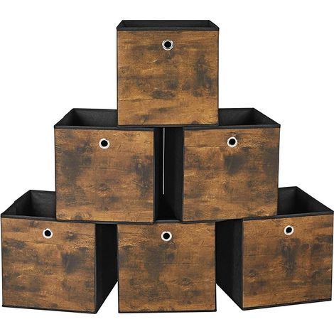 Songmics – Boîte de rangement pliable – Lot de 6 – Tissu non-tissé et Oxford – 30 x 30 x 30 cm – Marron rustique et noir – Poignée pour transport facile (1/5)