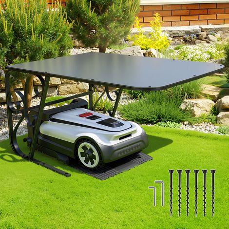 Jiubiaz Mähroboter Garage aus Aluminium-Verbundplatten, 80x56x43 cm, schwarz mit belüftetem Gestell – Wetterschutz für Ihren Rasenroboter