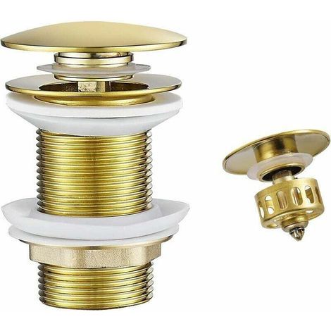 Tapón de desagüe para lavabo accionado por presión, acabado dorado, con cesta de filtro integrada, sin orificio de rebosadero. (1/5)