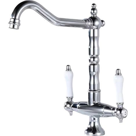 Robinet de Cuisine Pivotant à 360° Mitigeur d'Eau Chaude et Froide à Deux Poignées Robinets d'évier en Acier Inox Brossé Anti - Chrom