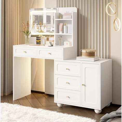 Schminktisch 80x39.8x127 cm Weiß MDF und Bambus mit LED-Spiegel und viel Stauraum (1/5)