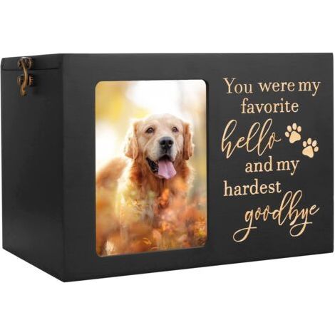 Schwarze hölzerne Urne für Hunde- oder Katzenasche mit Bilderrahmen, Erinnerungsbox mit schwarzem Flanellfutter, Gedenkgeschenk bei Verlust eines Haustieres (1/5)