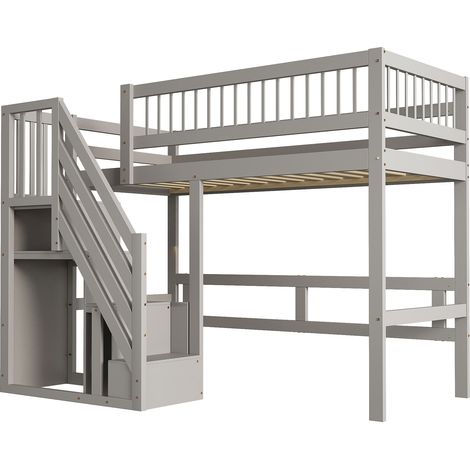 Cama alta cama individual con escalera de almacenaje, 90 x 200 cm, sin colchon, de madera, Gris (1/5)