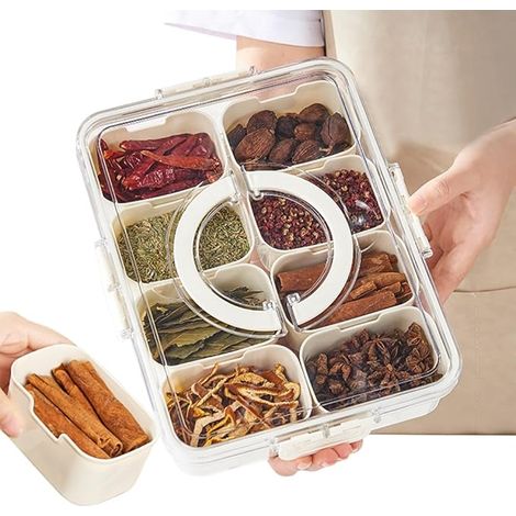 Snackschale mit Deckel, Aufbewahrungsbox, Snackteller mit 8 Fächern, Snack Schalen Platte, Snackbox Organizer für Gewürzbehälter SüßIgkeiten Veggie Keks Nüsse Obst Dip Tapas Schüsseln