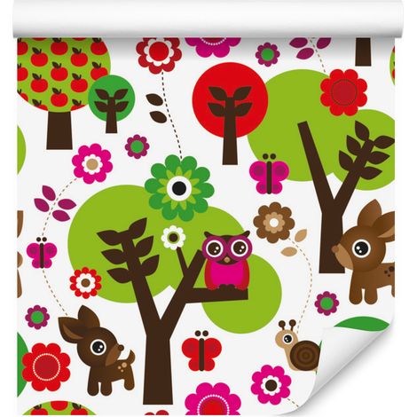 Papel pintado con animales del bosque, flores y árboles coloridos, 50x1000 cm (1/5)