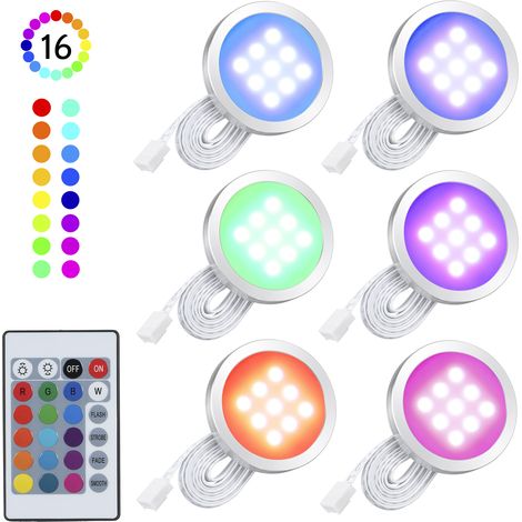 GARRYFIZH Kit de 6 lampes LED RGB rondes et fines SMD5050 pour sous-meuble, avec changement de couleur, luminosité réglable et télécommande, pour cuisine, salon, bibliothèque, placard.