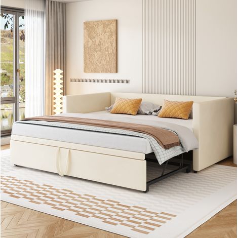 Cama nido tapizada de terciopelo beige 90x200 cm extensible a 180x200 cm con somieres de láminas (1/5)