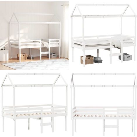 Hochbett mit Dach Weiß 80x200 cm Massivholz Kiefer - Kinderbett - Hochbett - Holzbett - Kiefernholzbett - Weißes Bett - Home & Living