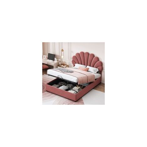 Lit coffre 140x200 cm Lit double enfant avec tête de lit fleur Espace rangement sous sommier Velours rouge, sans matelas (1/5)