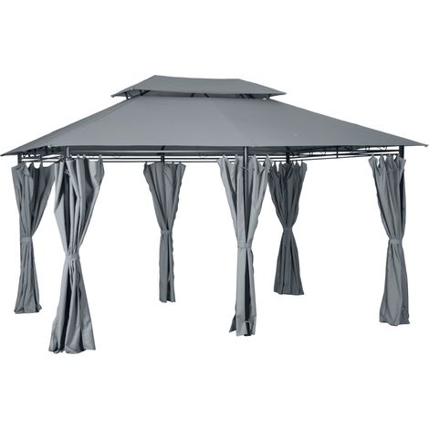 Gartenpavillon, 4 m x 3 m, Doppeldach-Pavillon mit Vorhängen, stabiles Stahlgestell für Terrasse und Garten, Grau