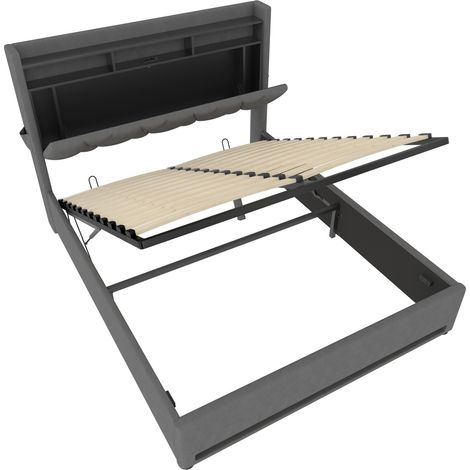 Bett mit Bettkasten 140 x 200 cm aus dunkelgrauem Samt, LED, USB-C und Kopfteilablage (1/5)