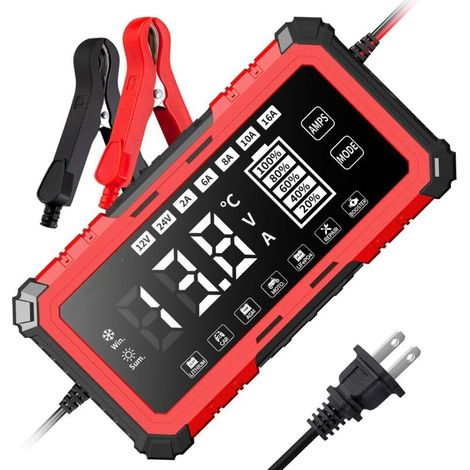 SWT-1608 RougeChargeur de batterie automobile 12 V/24 V/15 A pour batteries au plomb-acide au lithium-fer-phosphate, chargeur 12 V compatible avec les batteries au plomb-acide (1/4)