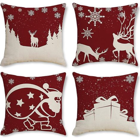 lot De 4 Taies D'oreiller De Nol,le Pre Nol , Dcoration De Jardin, Taies D'oreiller Joyeux Nol En Coton Et Lin, 45 X 45 Cm (1/5)
