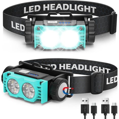Lampe Frontale 2 Pièces,Lampe Frontale LED Ultra Puissante 2000 Lumens,Torche Frontale 3 Modes IPX5 Étanche Rechargeable USB,Pour Pêche,Camping,Cyclisme,Running (Noir) (1/5)
