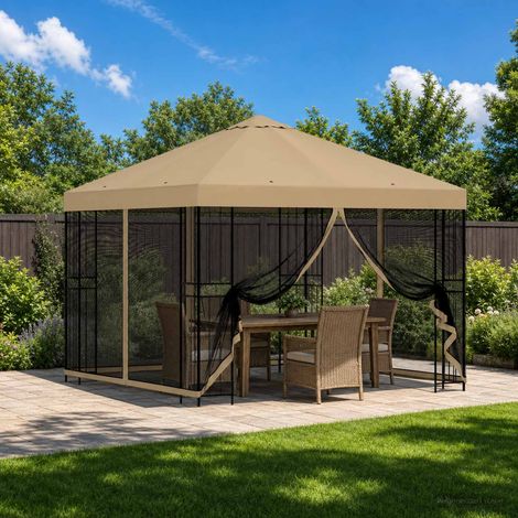 Tonnelle de Jardin avec Parois Latérales Abri en Acier et Polyester Beige 3 x 3 m - PANGIVO (1/5)
