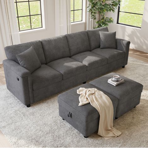 Canapé modulaire convertible en L et U avec 2 poufs de rangement, 2 coussins, chenille grise (1/5)