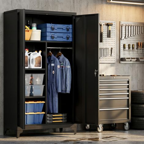 Songmics – Armoire métallique verrouillable 2 portes 5 compartiments – Acier noir – Pieds hauts pour nettoyage facile – Montage rapide avec kit anti-basculement