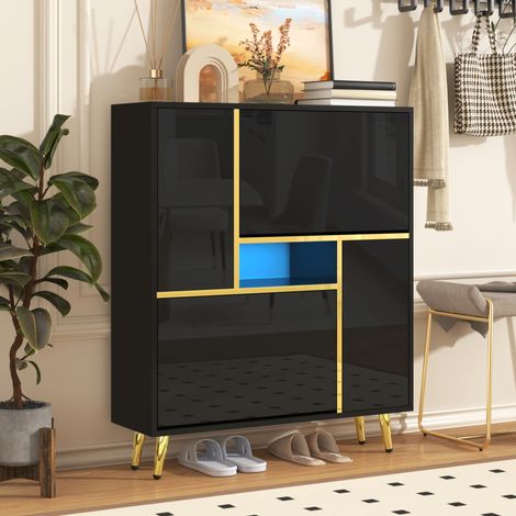 Mobile porta scarpe 80 x 25 x 96 cm con ante lucide e illuminazione LED a 16 colori HAVRYA (1/5)
