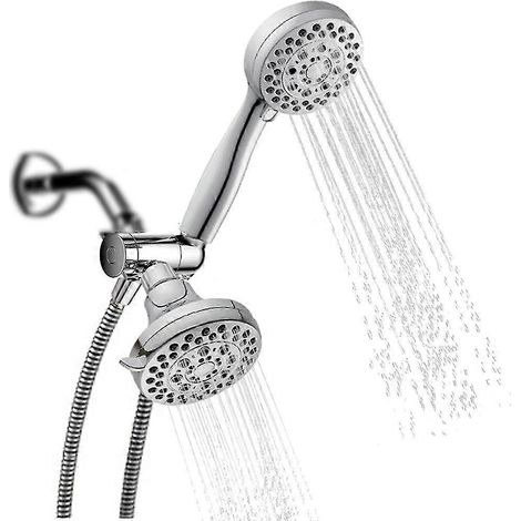 Pommeau de douche à main effet pluie, 5 jets, haute pression, avec inverseur d'eau à 3 voies et flexible en acier inoxydable poli. (1/5)