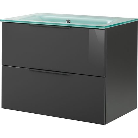 FACKELMANN LUNA Badmöbel Set 2 Teile / Glas Waschbecken / Waschbeckenunterschrank mit 2 Schubladen / Badschrank mit Soft-Close / hochwertige Möbel fürs Bad / Korpus & Front: Schwarz / Breite: 80 cm"-" (1/5)