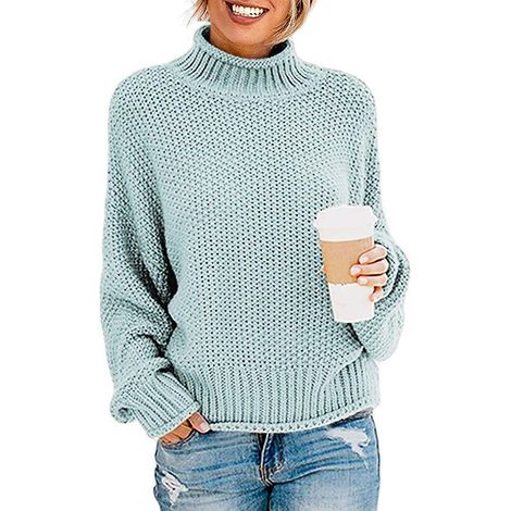 Pull-over ample à col roulé et manches chauve-souris pour femme, en grosse maille. (1/5)