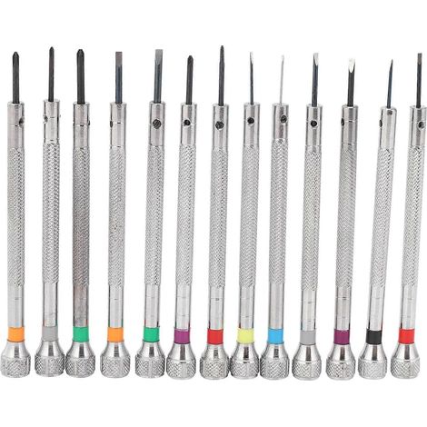 Ensemble de 13 tournevis d'horloger neufs (0,6 mm à 2 mm) : tournevis plats et fentes assortis, pour montres et bijoux. (1/4)