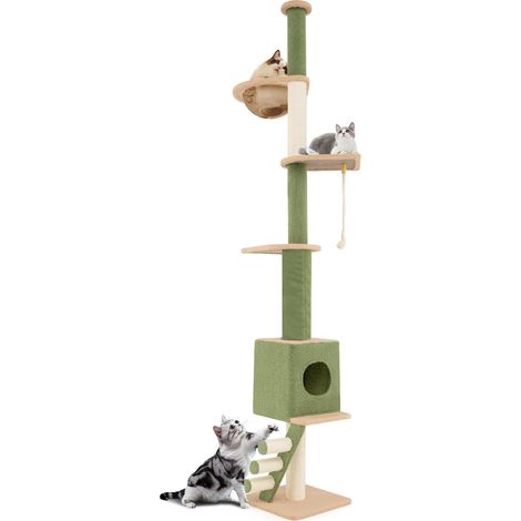 COSTWAY Arbre a Chat Plafond, Arbre à Chat Cactus XXL, 218 à 253 cm Hauteur Réglable, 2 Poteaux Remplaçables, Tour pour Chat à 5 Niveaux, 2 Poteaux à Griffer en Sisal, Condo, Capsule, Echelle (1/5)