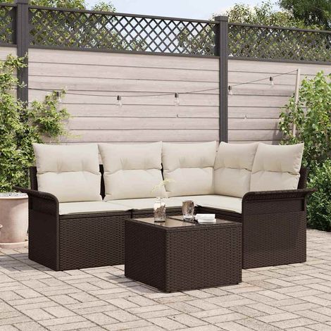 Conjunto de sofá de jardín con cojín 5 pcs Marrón Poliratán