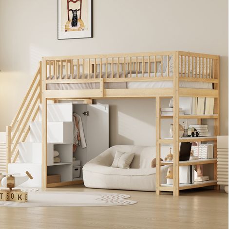 Hochbett 244.3x103.3x180 cm, mit Kleiderschrank, Regalen und Stauraum, Sicherheitsleiter, Massivholz, Naturholz (1/5)