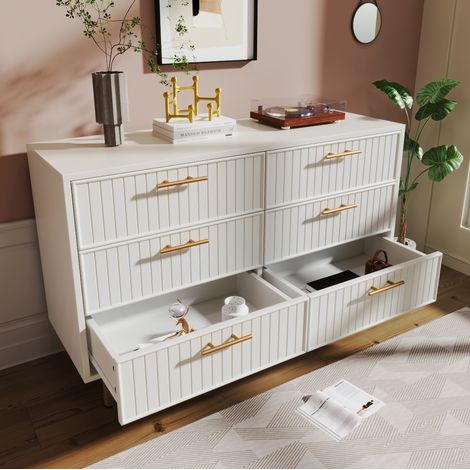 Commode en panneaux de particules blanc avec 6 tiroirs, façades rainurées et piètement métal, 120x40x75 cm (1/5)