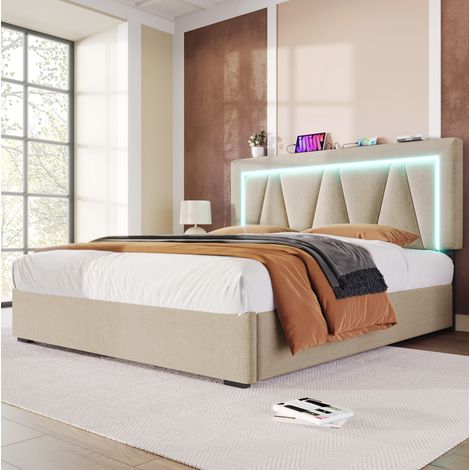 MEUBLIV Lit double 140 x 200 avec tête de lit réglable LED et ports USB type C lit coffre en lin beige (1/5)