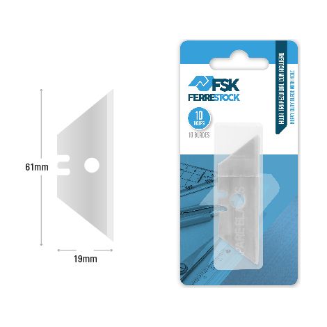 Ferrestock FSKTWR099 blíster con de 10 cuchillas trapezoidales de recambio para navaja o rascavidrio de hoja de 19mm, 7,1mm de diámetro de agujero, afilado de precisión para cortar de forma limpia y p