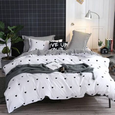Housse de Couette Cœur 200x200 Blanche avec 2 Taies d'oreiller 50x75 cm Parure de Lit Noir et Blanc en Microfibre - Linge de Lit 2 Personnes Adulte Réversible avec Fermeture Éclair (1/4)