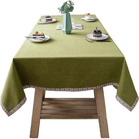 Nappe unie texturée lin avec bordure à motif floral, style campagnard, anti-poussière, pour la décoration de la table de cuisine et de salle à manger (verte, 55 x 63 pouces) (1/5)