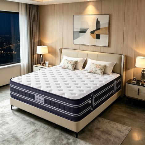 Matelas 140x200 cm, épaisseur 28 cm, matelas à ressorts en mousse à mémoire de forme mixte, matelas orthopédique double 7 zones, fermeté moyenne, tissu hypoallergénique,certifié OEKO-TEX