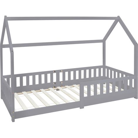 ML-Design Letto a Casetta per Bambini 90 x 200 cm Grigio, in Legno di Pino, Struttura con Protezione Anticaduta, Tetto e Rete a Doghe, Lettino a Terra Montessori a Forma di Casa per Cameretta