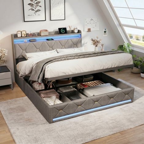 Lit Coffre 160x200 cm avec sommier, lit 160x200 avec rangement hydraulique, Tête et pied de lit à LED, tête de lit rangement avec USB, lin gris, meuble chambre design moderne (1/5)