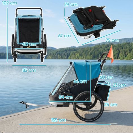 Remorque vélo pliable 2 places pour enfants avec siège réglable et harnais, bleu (1/5)