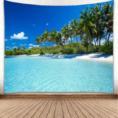Tapisserie murale JeiibrZui « Plage » - 230 x 180 cm - Paradis tropical avec cocotiers et ciel bleu - Grande décoration nature pour chambre ou salon - 1 pièce en polyester (1/5)